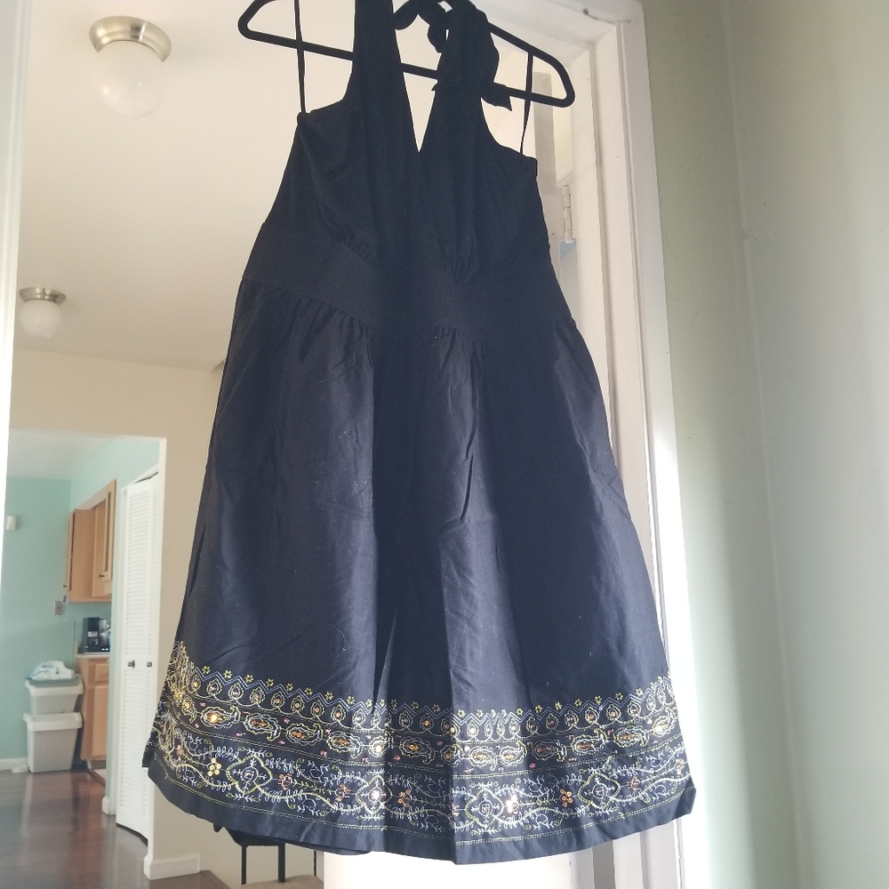 TORRID plus size halter dress, gold & bronze detail